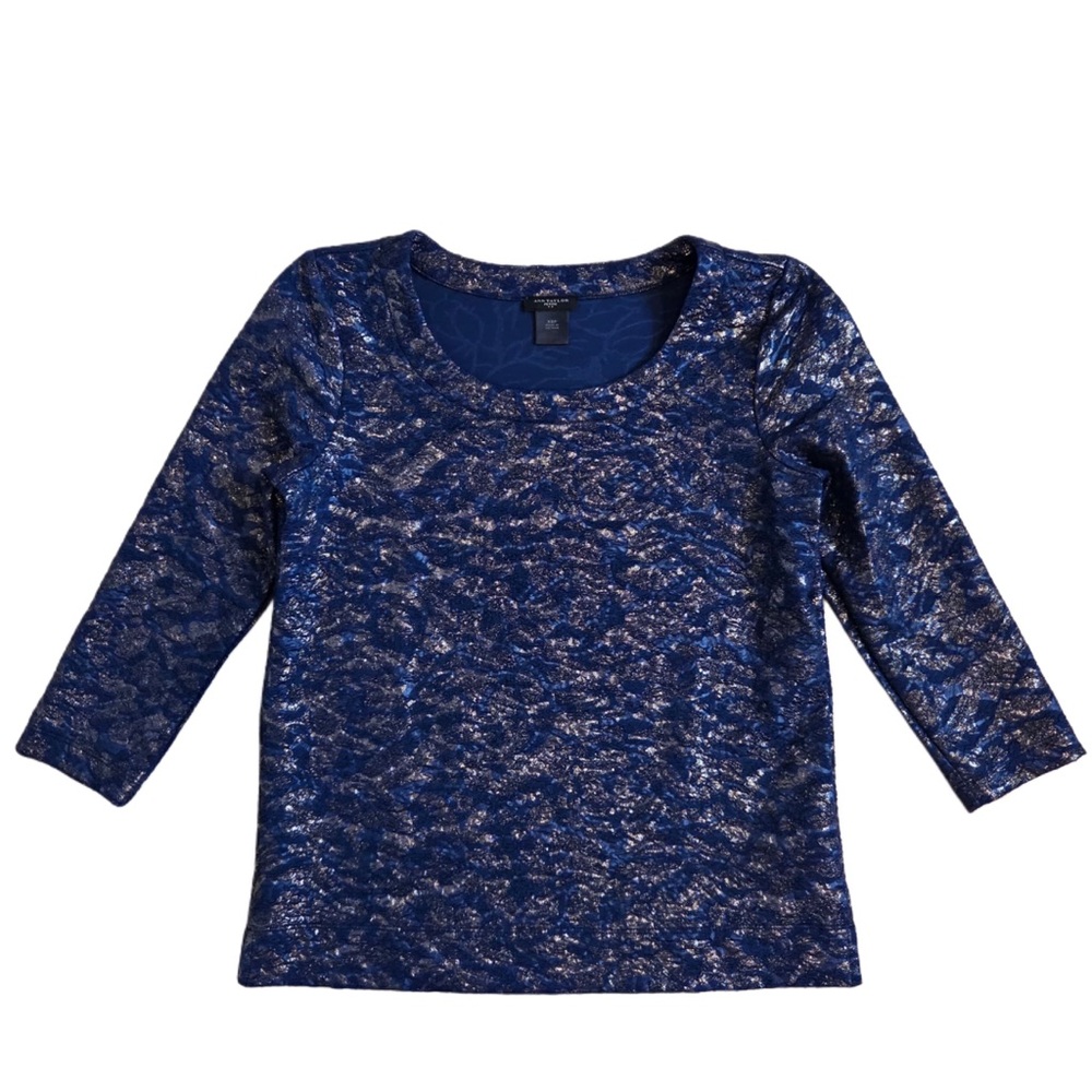 Ann Taylor Blue Metallic Textured Brocade Crew Neck Top
